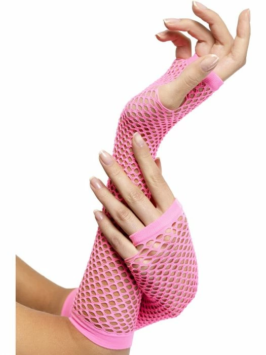 Smiffys Fishnet Gloves Hot Pink 1980's & 90's