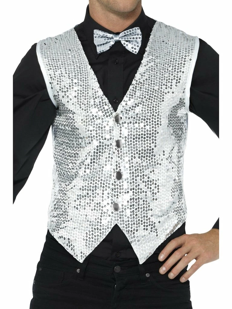 Smiffys Sequin Waistcoat, Silver Male Costumes