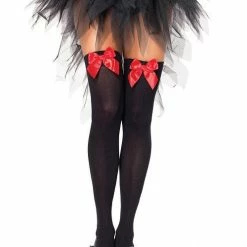 Leg Avenue Nylon Thigh Highs, Black With Red Bows Hoisery