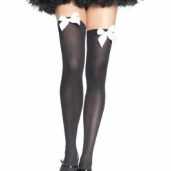 Leg Avenue Nylon Thigh Highs, Black With White Bows Hoisery