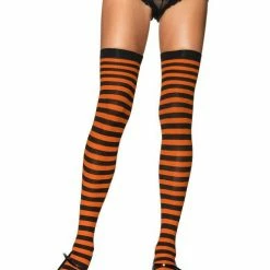 Leg Avenue Nylon Thigh Highs, Black And Pumpkin Orange Halloween Hosiery