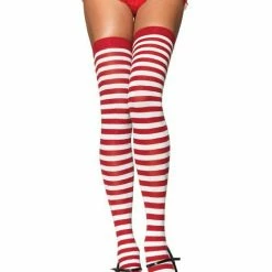 Leg Avenue Nylon Thigh Highs, White And Red Hoisery