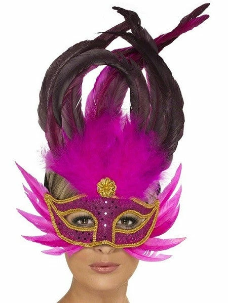 Smiffys Masquerade Bright Pink Feathered Eyemask