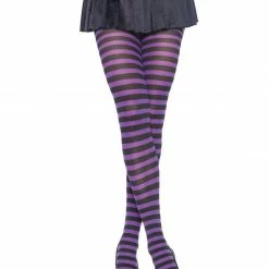 Leg Avenue Plus Size Stripe Tights, Black And Purple Halloween Hosiery