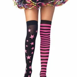 Leg Avenue Nylon Thigh Highs, Pink And Black Stars And Stripes Hoisery